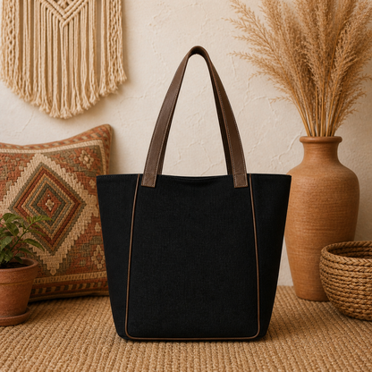 Large Linen Tote Bag with Leather Straps