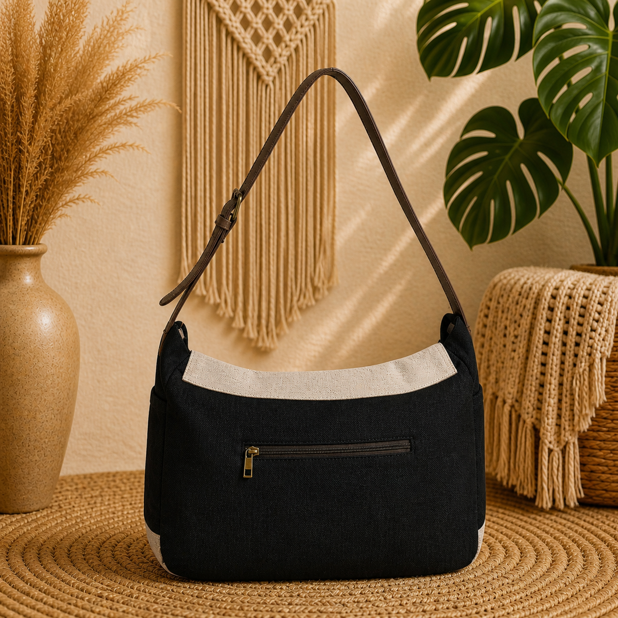 Linen Satchel Bag with Adjustable Strap