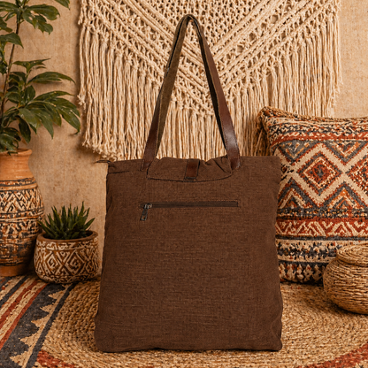 Large Linen Shoulder Tote Bag with Cargo Pocket