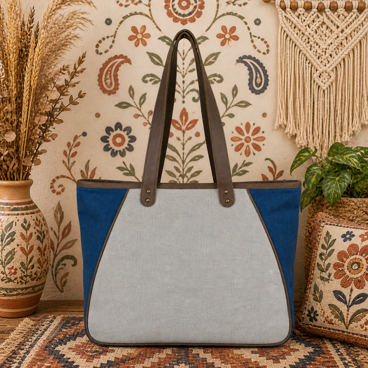 Large Linen Tote Bag with Leather Strap