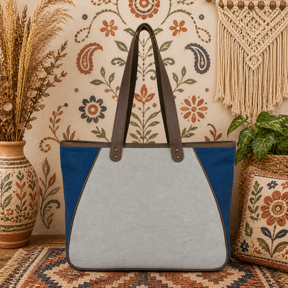Large Linen Tote Bag with Leather Strap