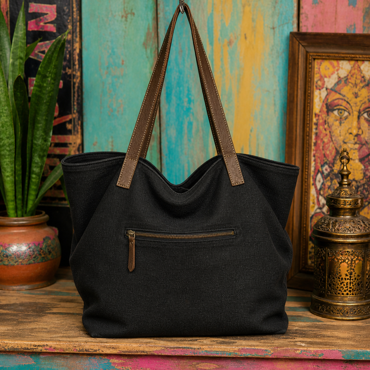 Large Linen Shoulder Tote Bag with Leather Strap