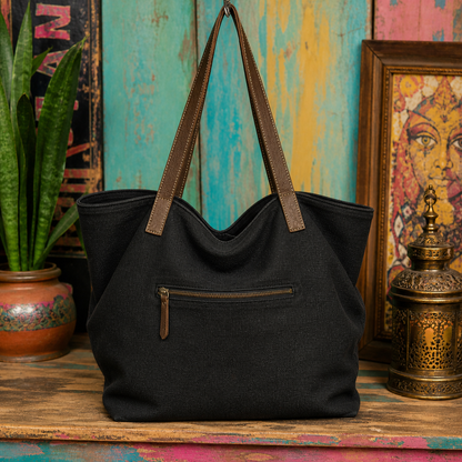 Large Linen Shoulder Tote Bag with Leather Strap