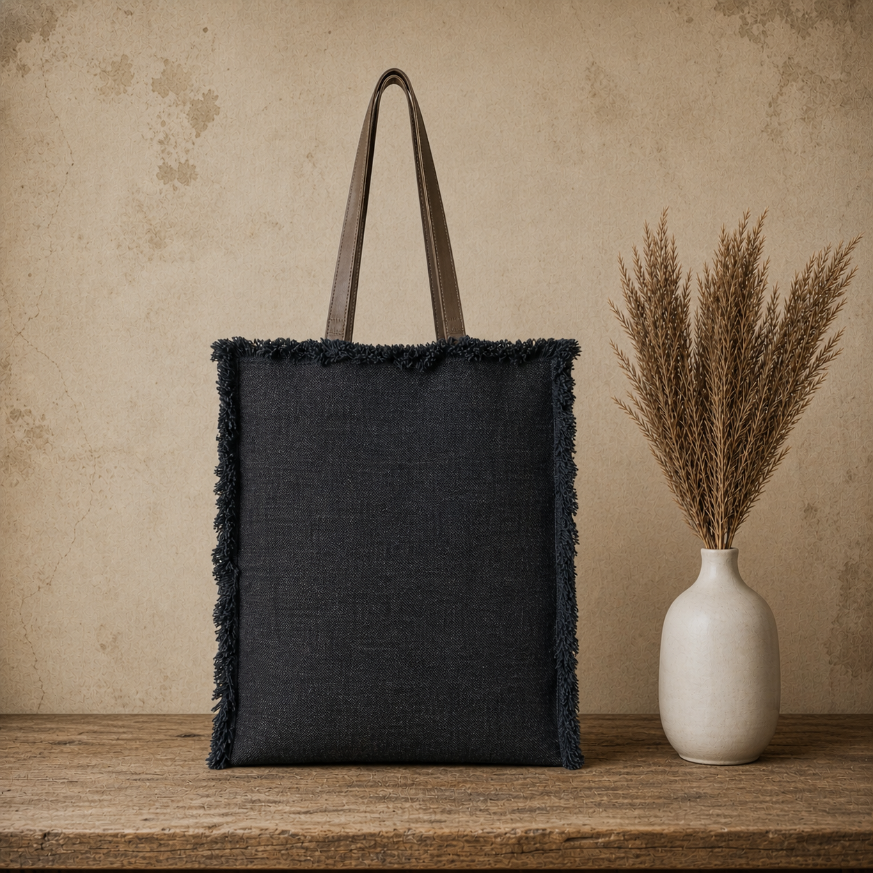 Large Linen Shoulder Tote Bag with Ripped Effect