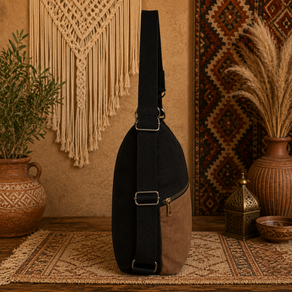 Large Linen & Suede Leather Tote Shoulder Bag