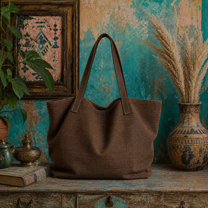 Large Linen Shoulder Tote Bag with Leather Strap