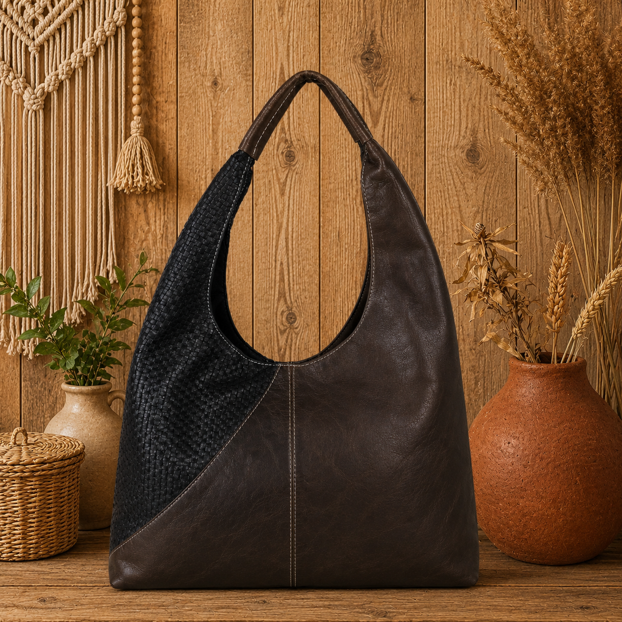 Hobo Leather Handbag with Basket Weave Patchwork