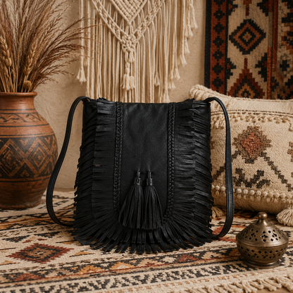 Leather Fringe Handbag with Tassel