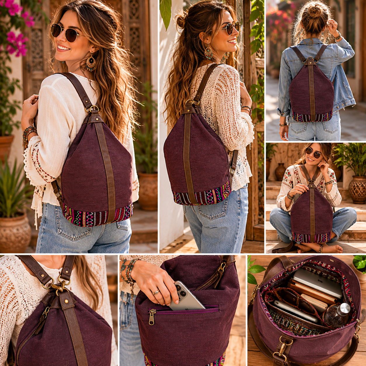 Large Linen Tote Bag with Printed Patchwork