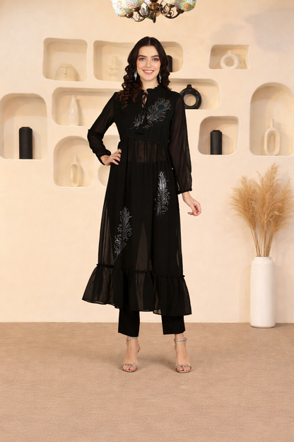 ✨ Peacock Feather Sequin Motifs Georgette Tunic & Pant Set for Women