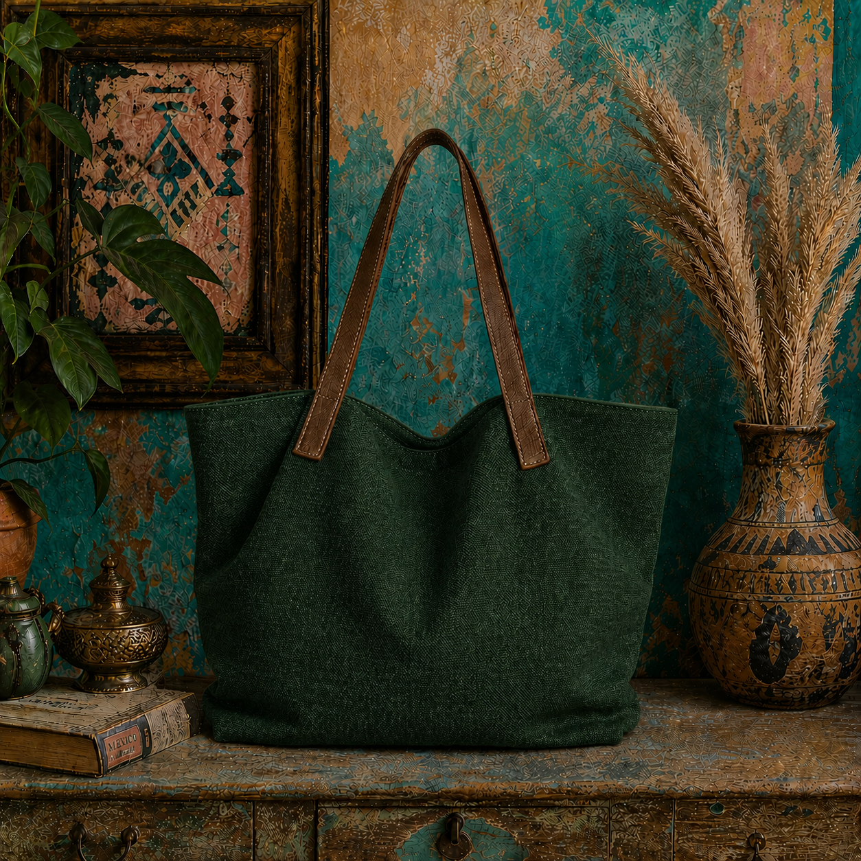 Large Linen Shoulder Tote Bag with Leather Strap