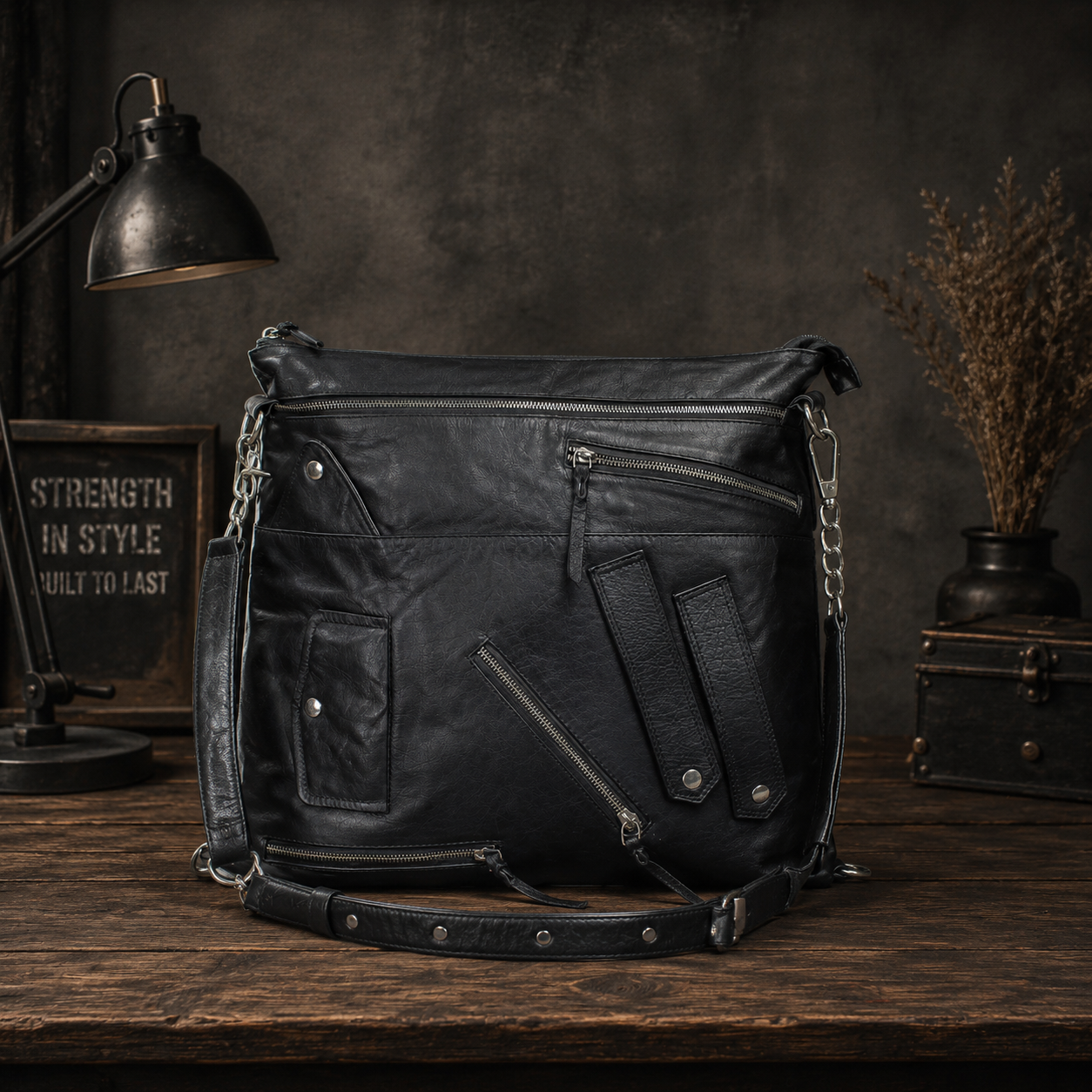 Black Leather Zipper Tote Bag
