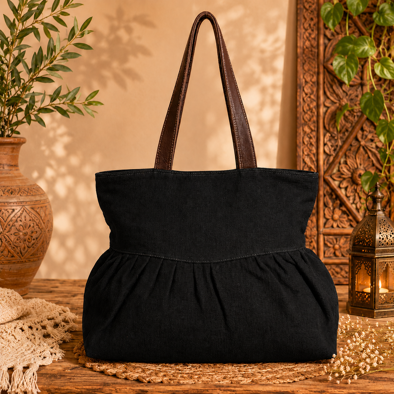 Large Linen Pleated Tote  Bag