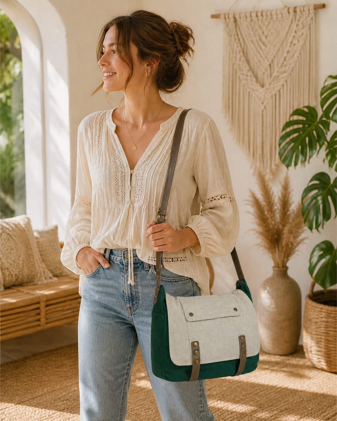 Linen Satchel Bag with Adjustable Strap