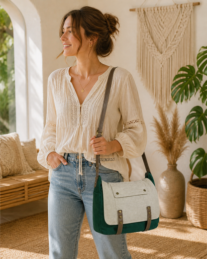 Linen Satchel Bag with Adjustable Strap