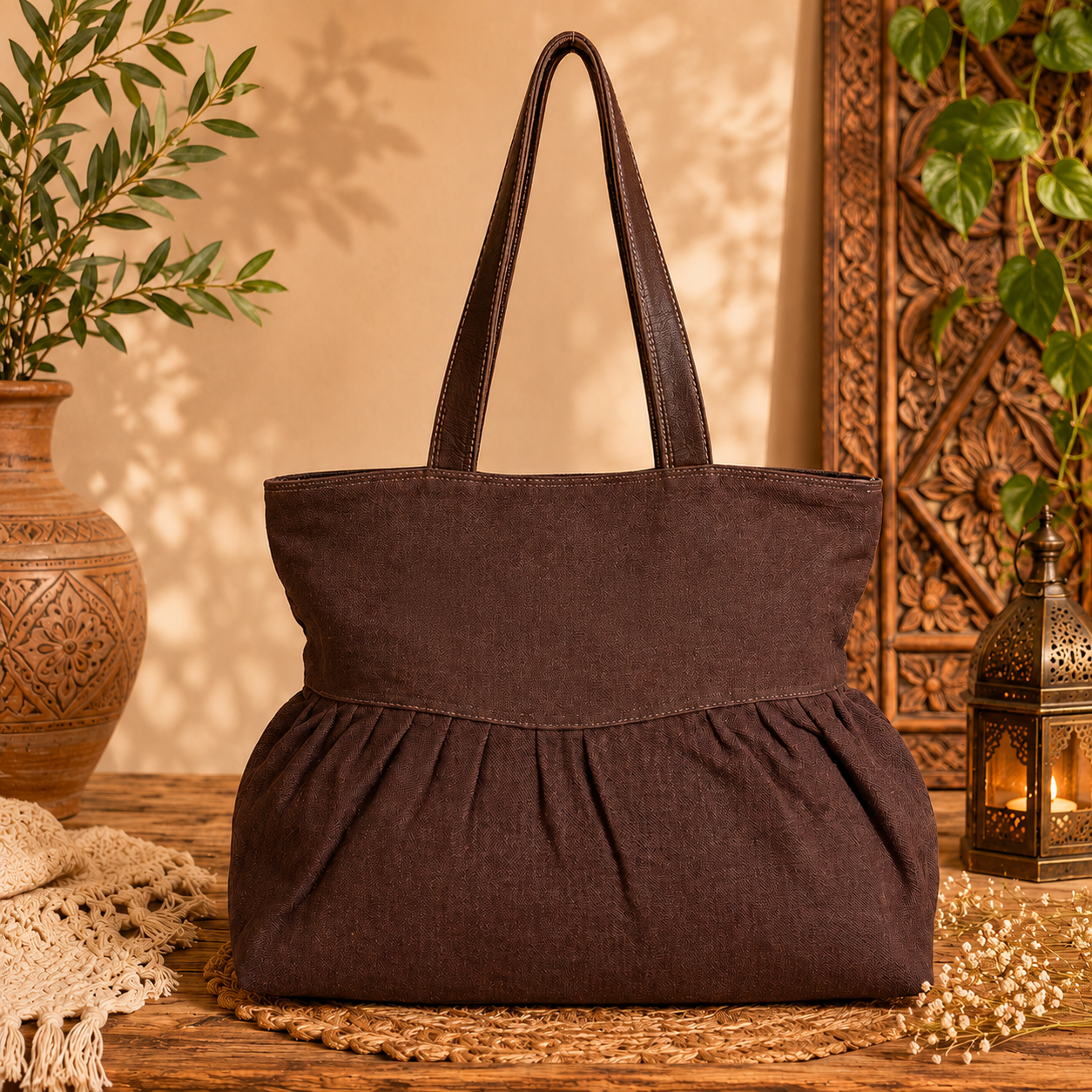 Large Linen Pleated Tote  Bag