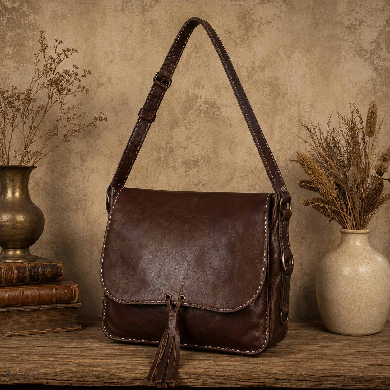 Cognac Flap Leather Handbag