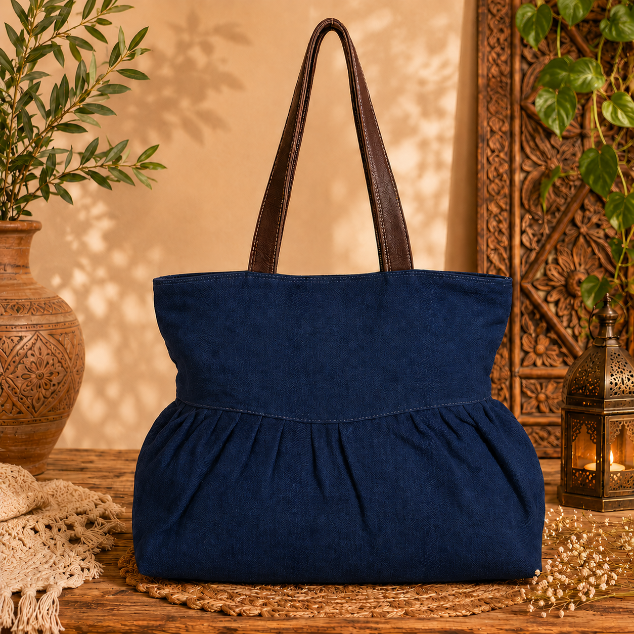 Large Linen Pleated Tote  Bag