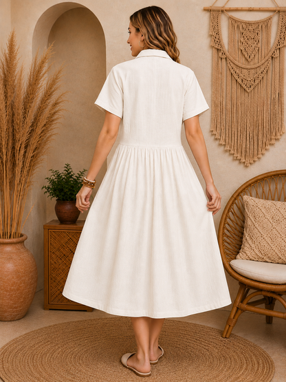 Blush Linen Button-Front Midi Dress – Relaxed Boho Summer Dress