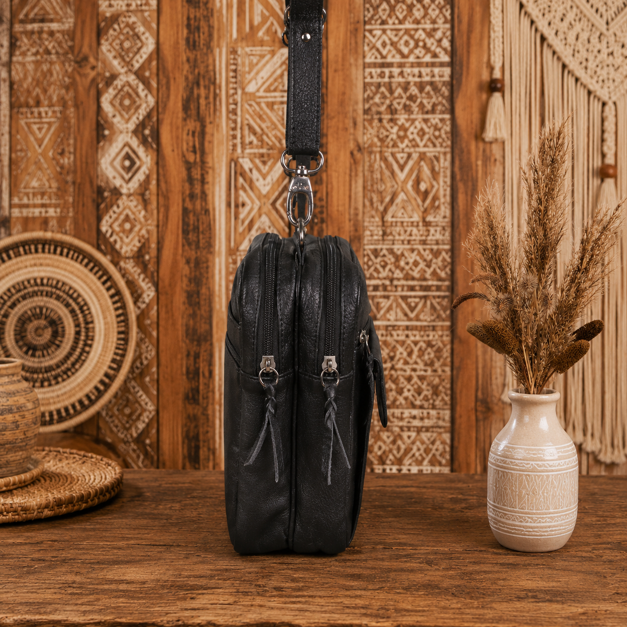 Black Crossbody Leather Bag with Adjustable Strap"