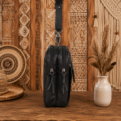 Black Crossbody Leather Bag with Adjustable Strap"