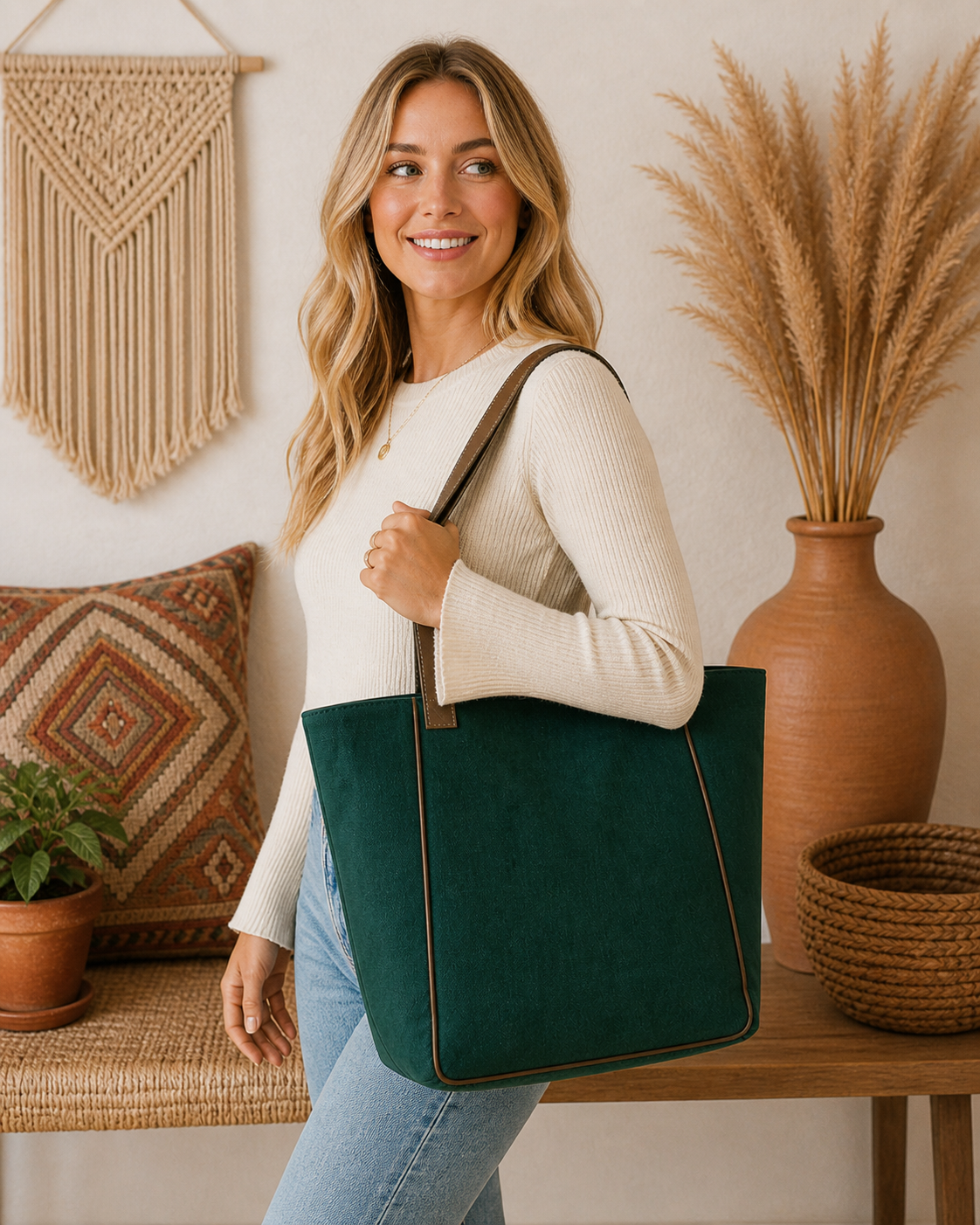 Large Linen Tote Bag with Leather Straps