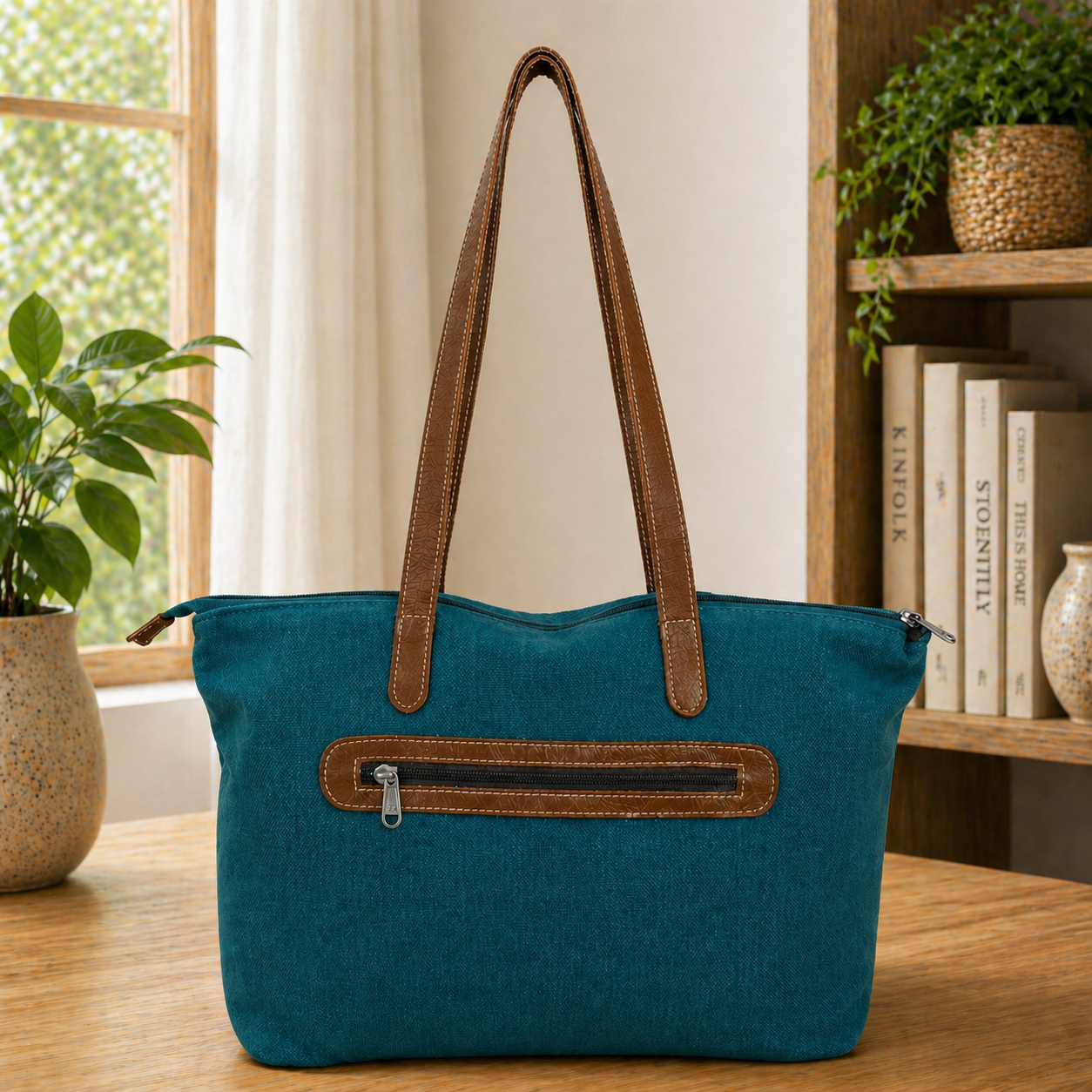 Timeless Linen Handbag with Genuine Leather Handles