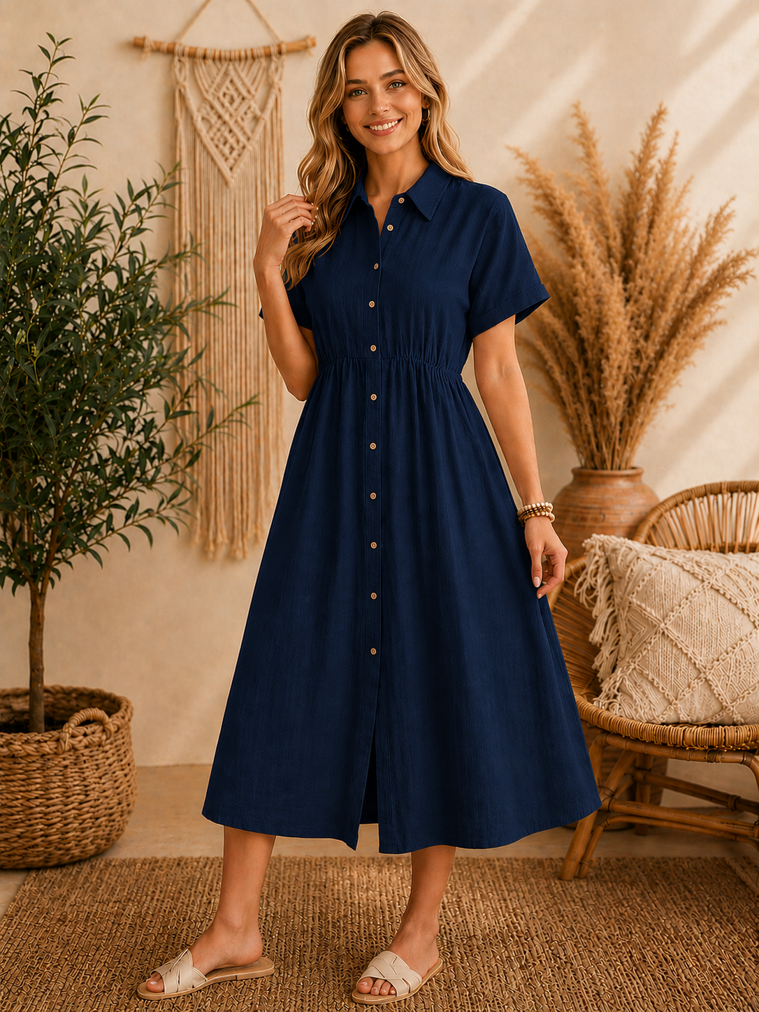 Blush Linen Button-Front Midi Dress – Relaxed Boho Summer Dress
