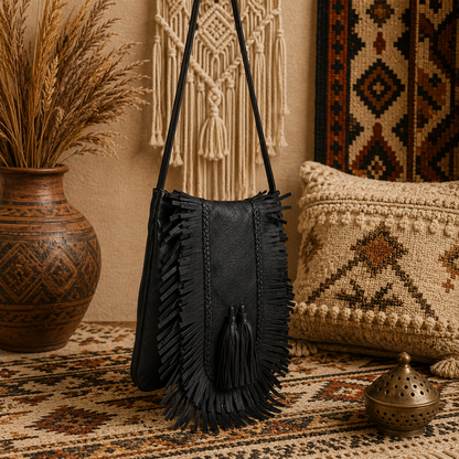 Leather Fringe Handbag with Tassel