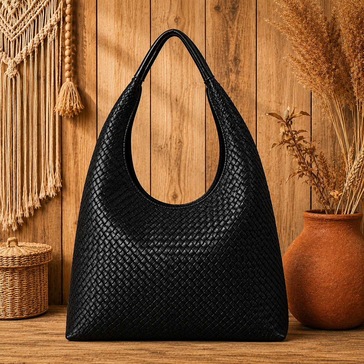 Noir Weave Luxe Hobo Bag