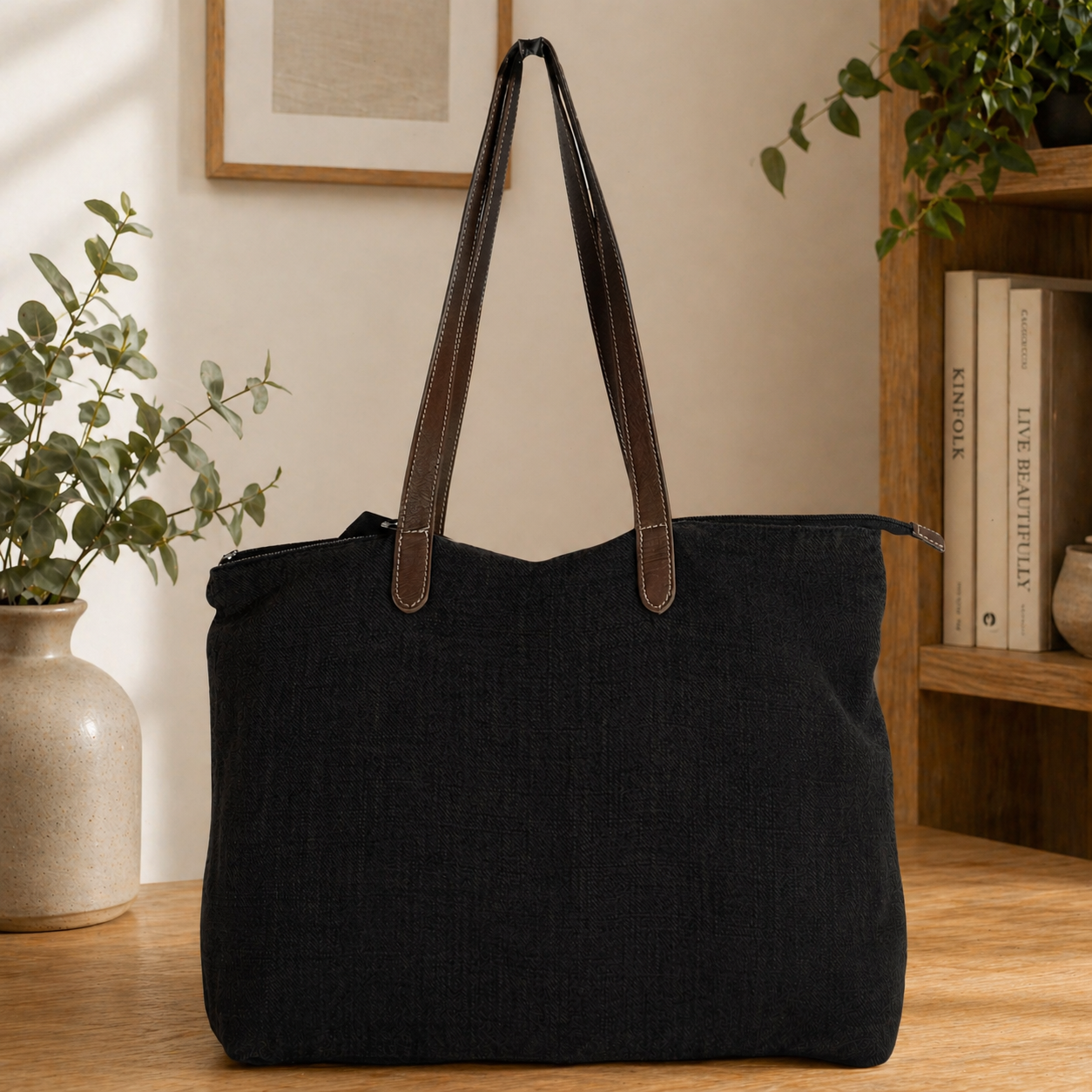 Timeless Linen Handbag with Genuine Leather Handles