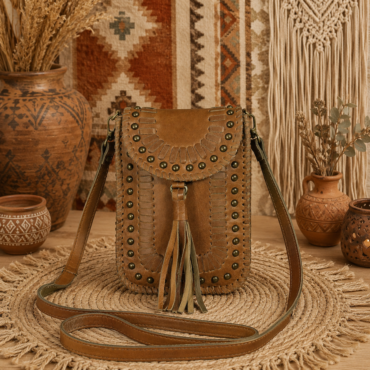 Crossbody Leather Bag with Small Studs