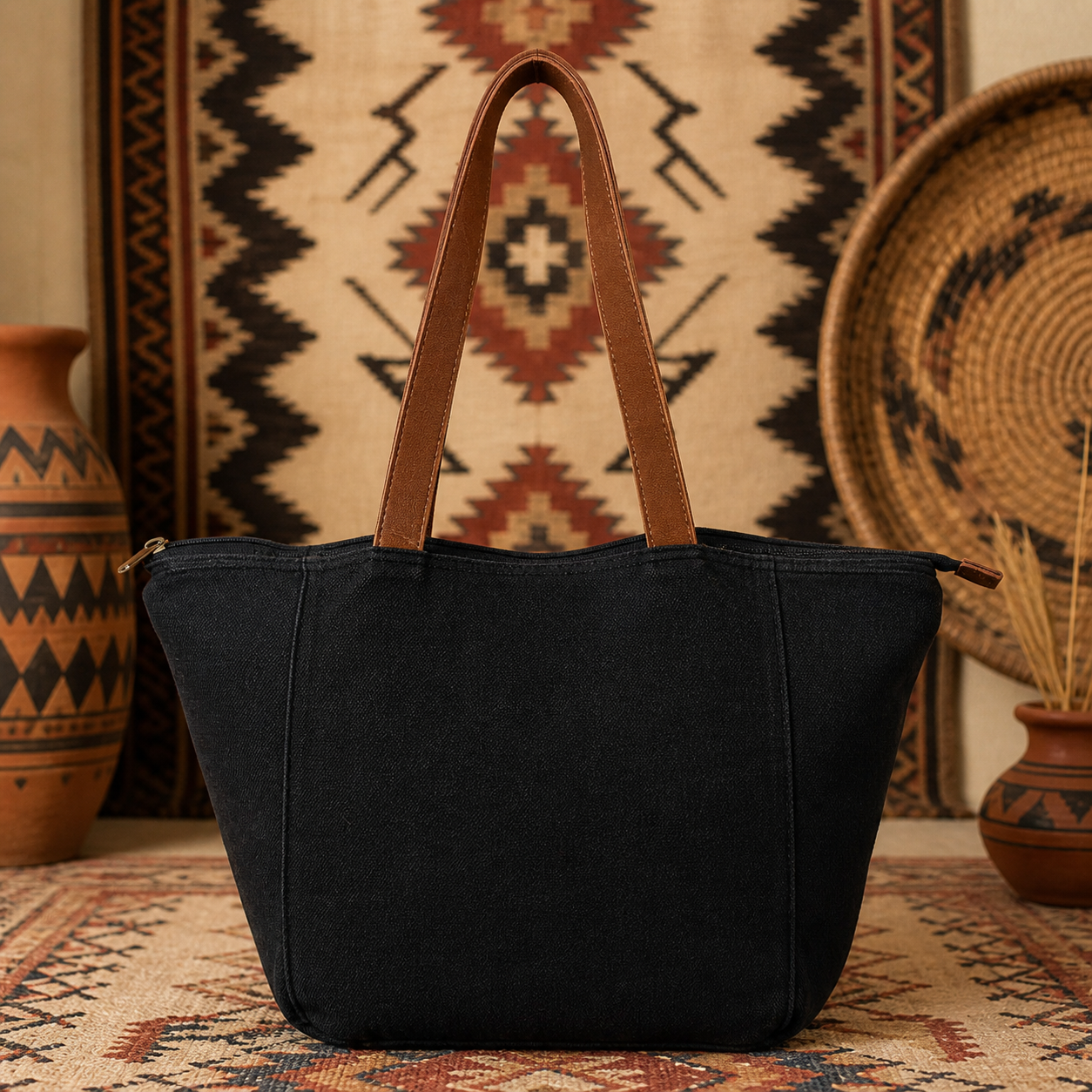 Large Linen Tote Bag with Leather Strap