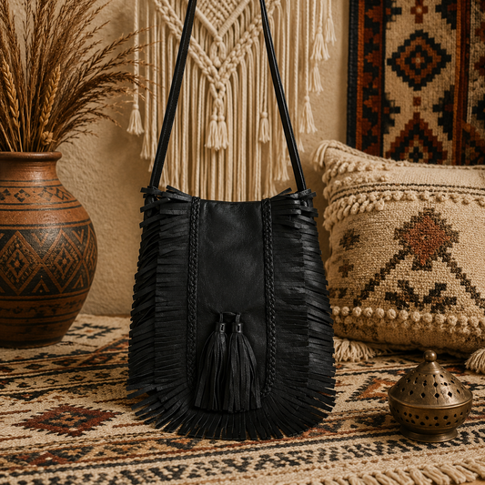 Leather Fringe Handbag with Tassel