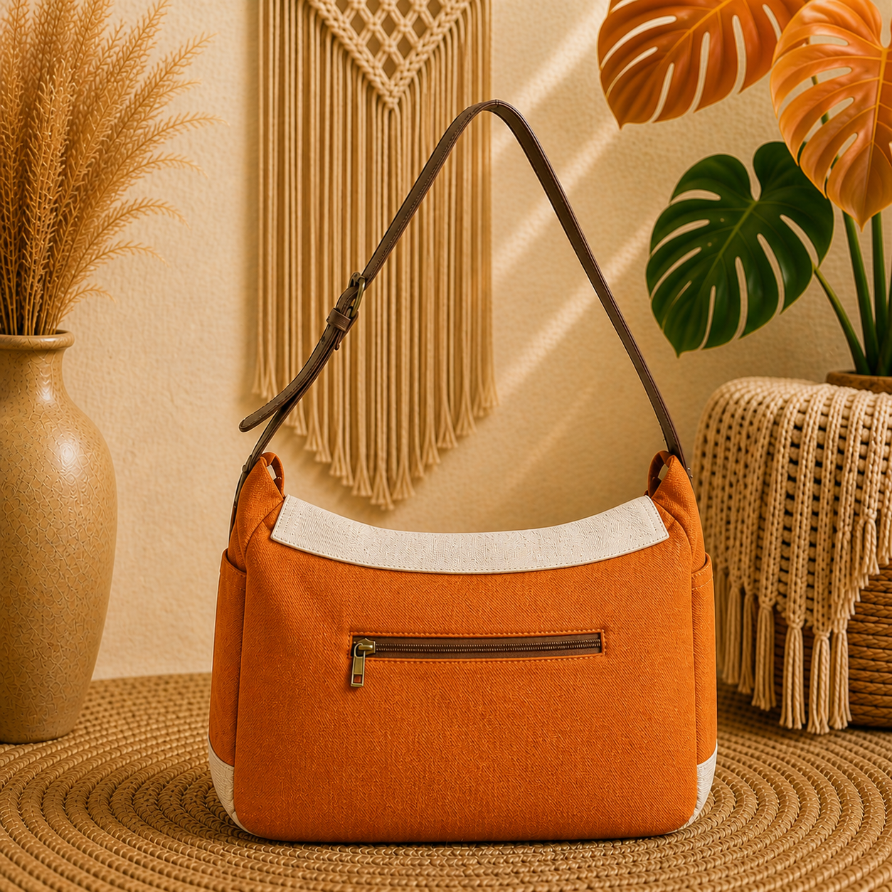 Linen Satchel Bag with Adjustable Strap