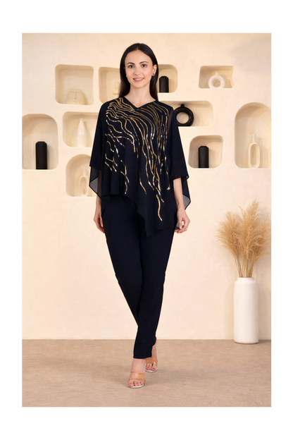 Designer Asymmetric Sequins Embellished Top with Matching Pants