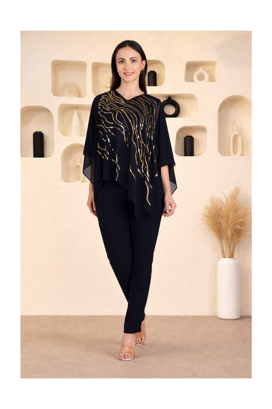 Designer Asymmetric Sequins Embellished Top with Matching Pants