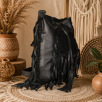 Midnight Boho Fringe Leather Bucket Bag