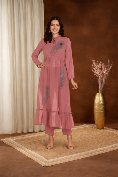 ✨ Peacock Feather Sequin Motifs Georgette Tunic & Pant Set for Women