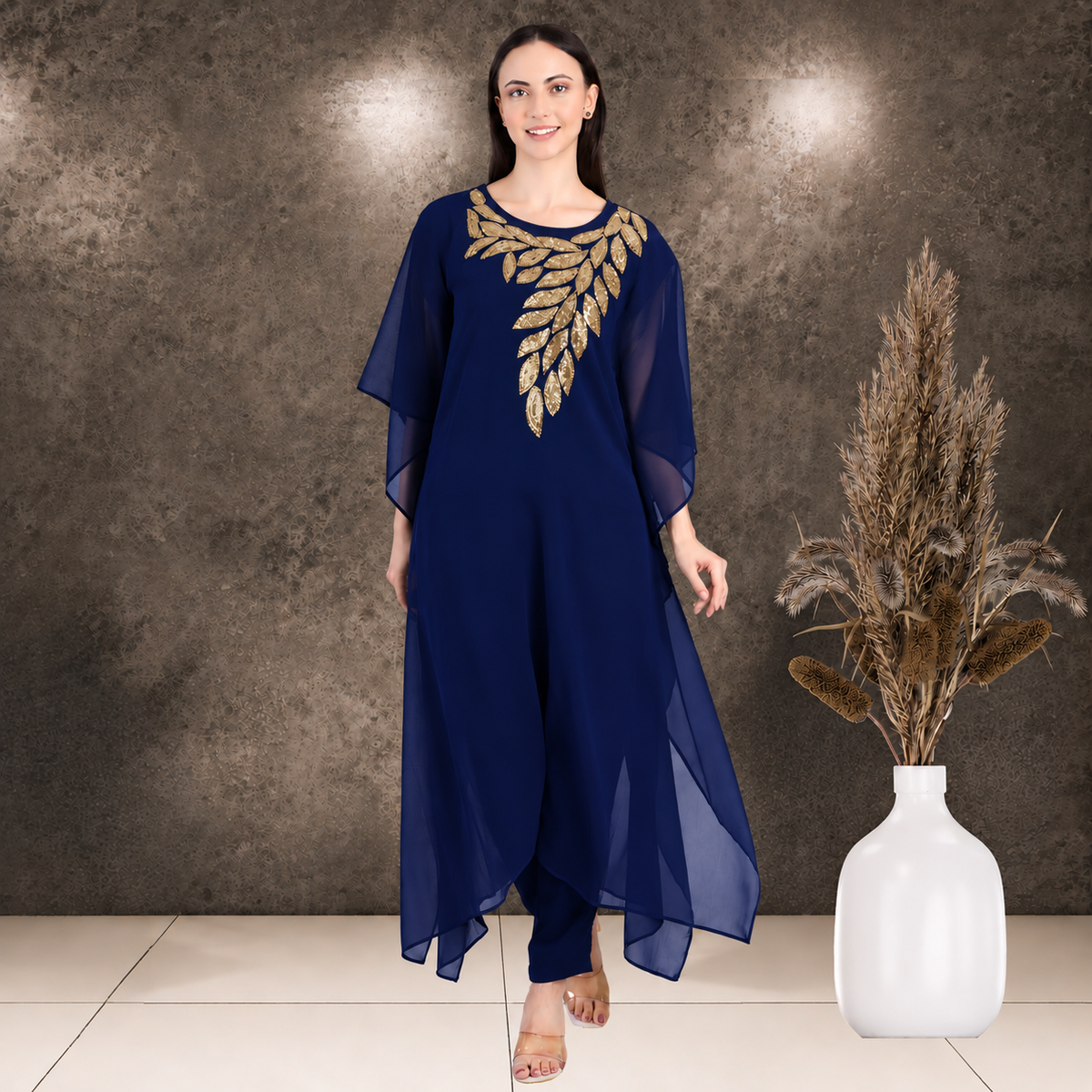 Women's Sequin Motif Embellished Georgette Kaftan Set