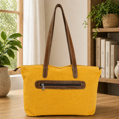Timeless Linen Handbag with Genuine Leather Handles