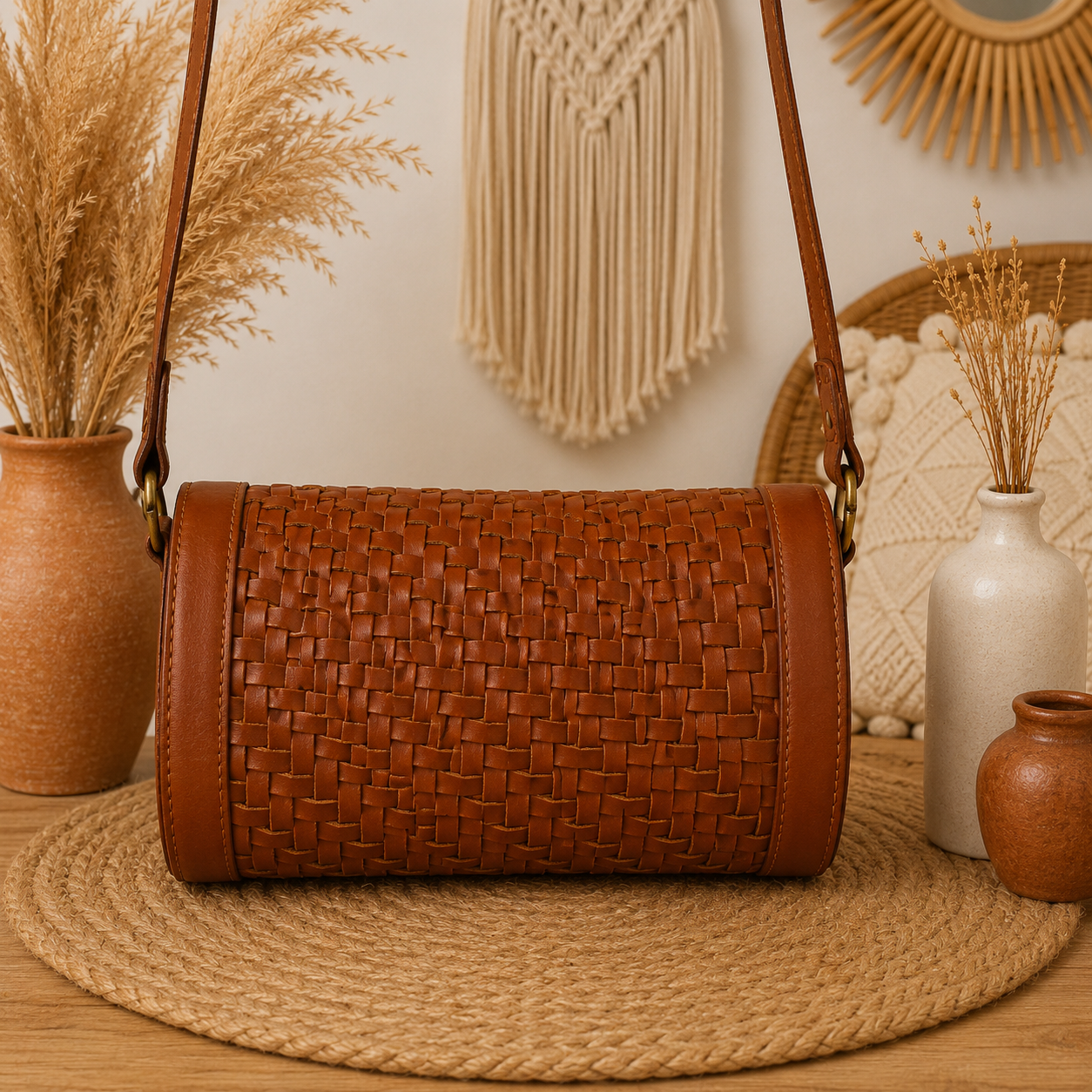 Barrel Leather Bag with Twill Weave