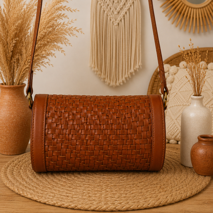 Barrel Leather Bag with Twill Weave