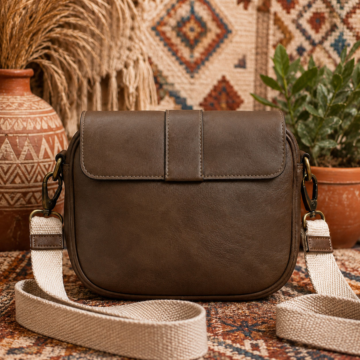 Vintage Coffee Brown Leather Crossbody Bag with Adjustable Strap