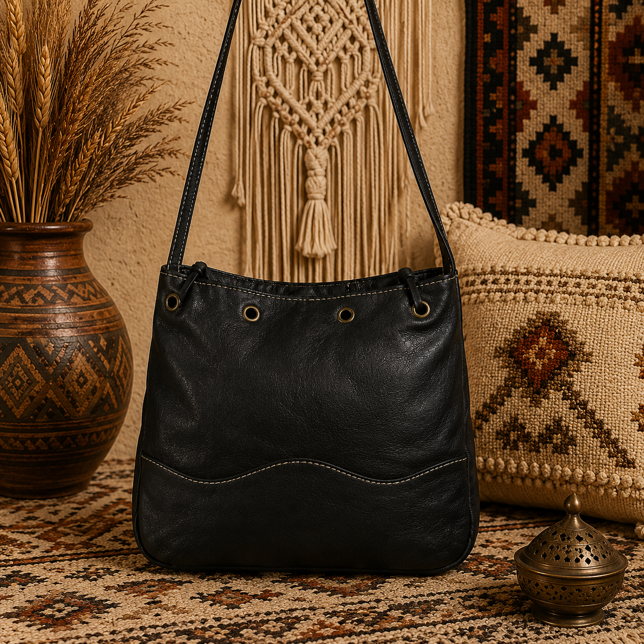 Leather Fringe Handbag with Tassel