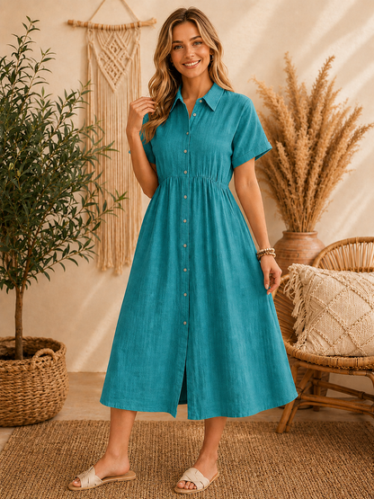Blush Linen Button-Front Midi Dress – Relaxed Boho Summer Dress