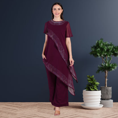 Women’s Partywear Sequins Motif Asymmetric Top Pant Co-Ord Set