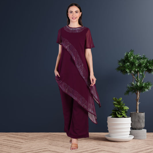 Women’s Partywear Sequins Motif Asymmetric Top Pant Co-Ord Set