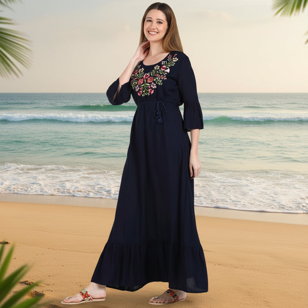 🌸 Floral Embroidered Rayon Resortwear Tunic
