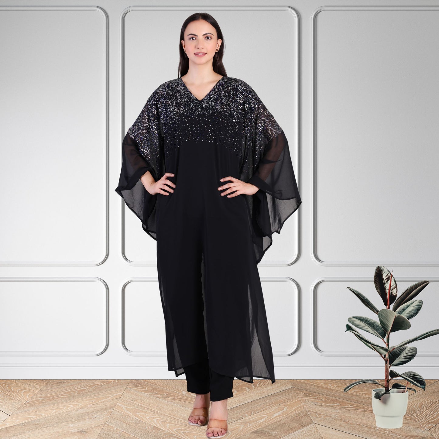 Premium Sequins Motif Kaftan Style Top with Coordinated Pants